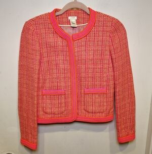 J. Crew Women's Pink Tweed Zip Up Blazer Jacket Neon Trim Sz 2 Office Preppy